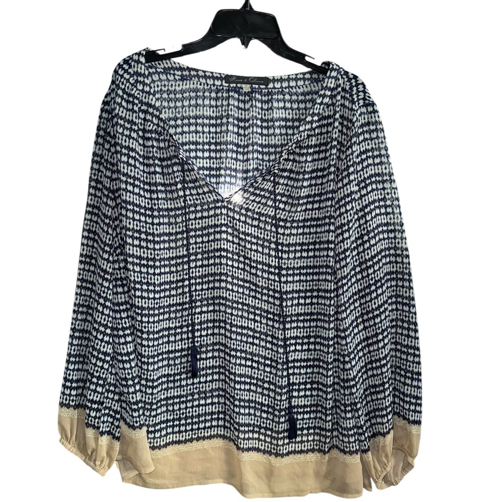 Rose & Olive Navy Cream Geometric V-Neck Peasant Blouse